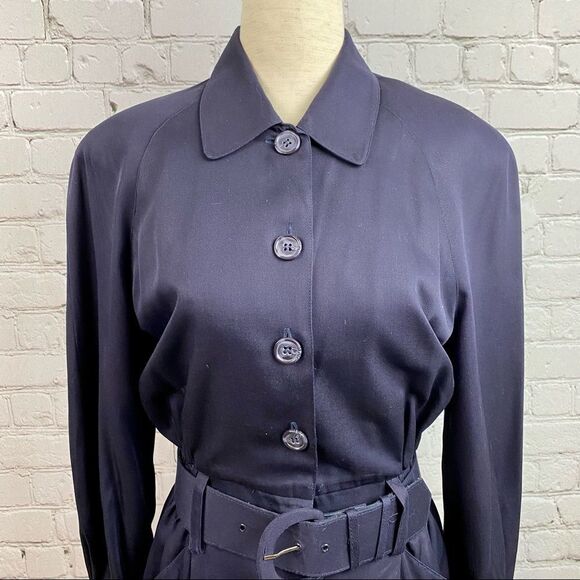 Vintage 80s Talbots 100% Rayon Long Sleeve Belted Shirt Dress Navy 6 - Picture 5 of 12